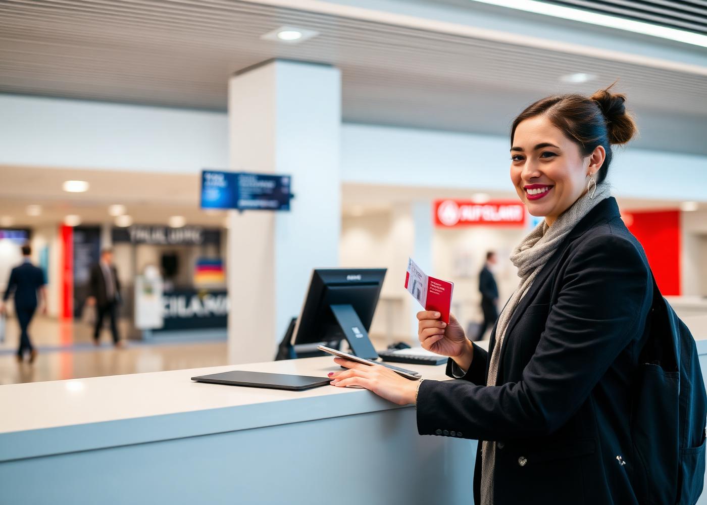 Travel consultant assisting a client at an airport service counter