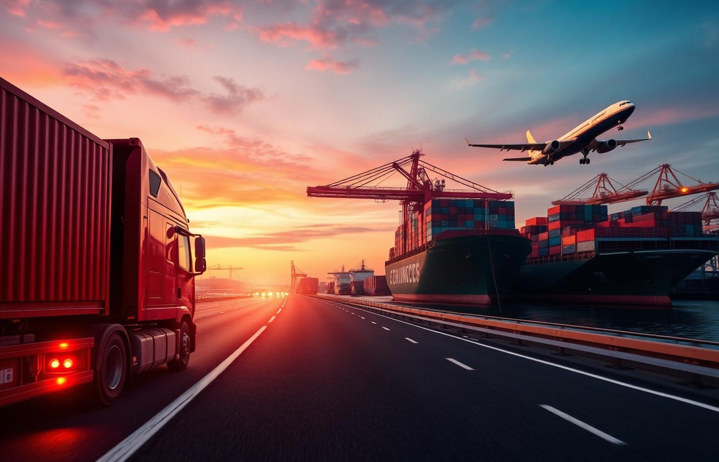Cargo truck, container ship and freight aircraft at dusk